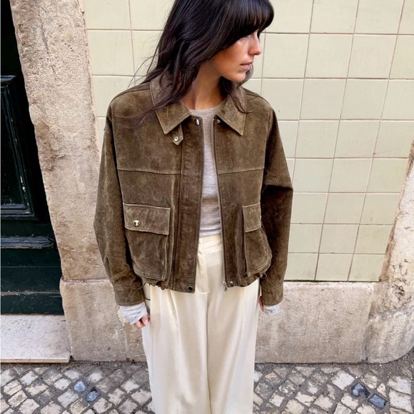 ZARA 100% LEATHER BOMBER JACKET - Picture 2 of 8